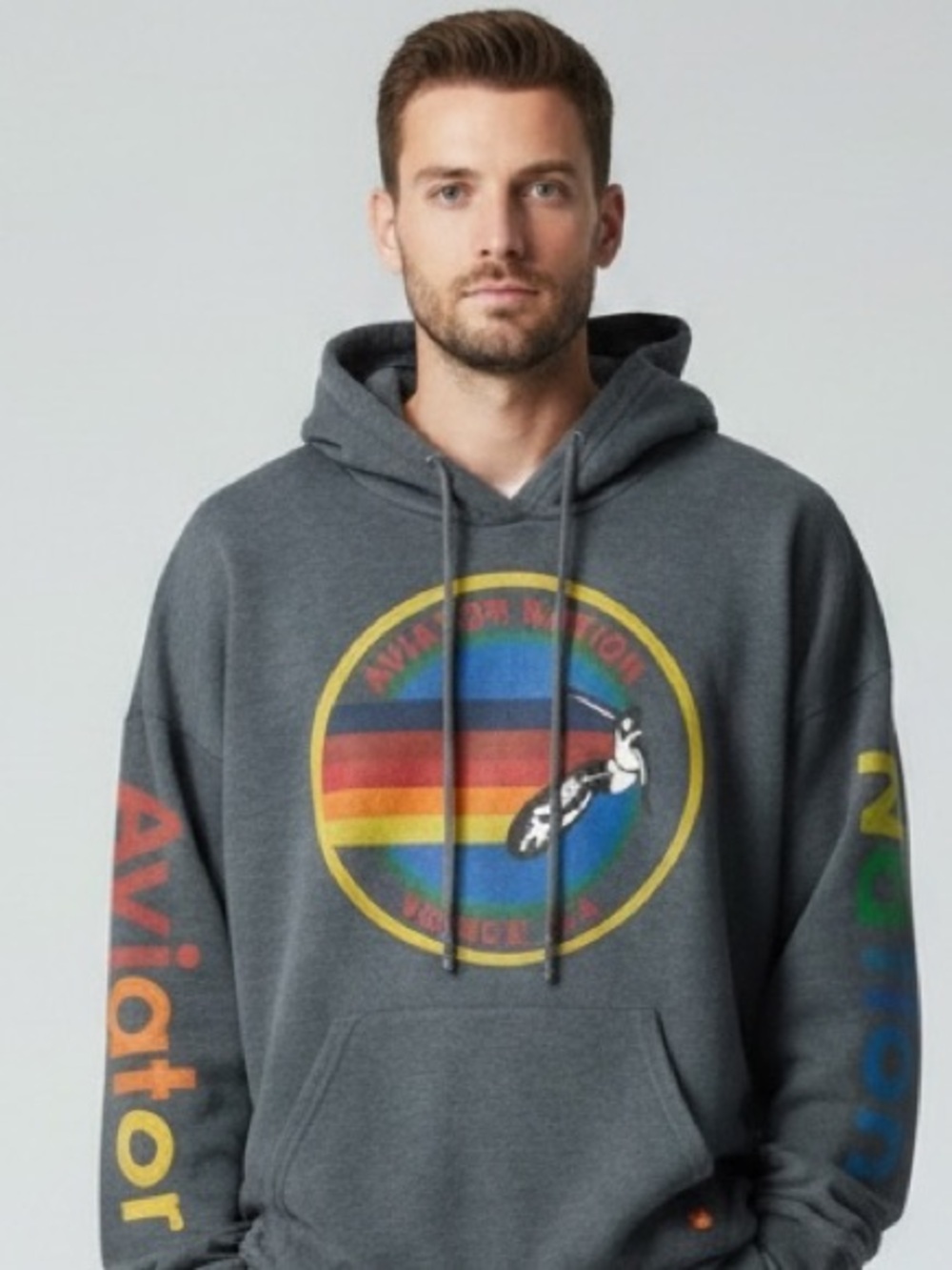 Aviator Nation Venice CA Rainbow Logo Pullover Hoodie Gray Large Made in USA